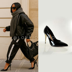 Streetwear | Schutz Black Patent Stiletto Pumps | Pointed Toe + Gold Accent!
